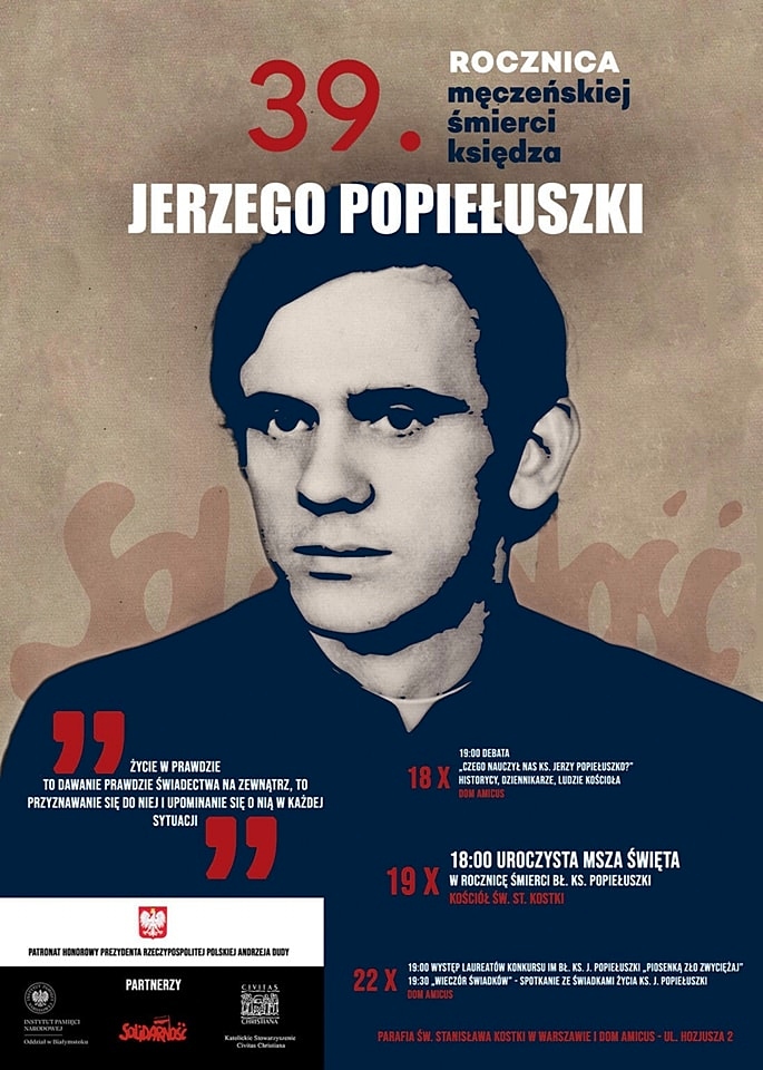 18-22 października 2023 - Obchody 39. rocznicy porwania i męczeńskiej śmierci bł. ks. Jerzego Popiełuszki